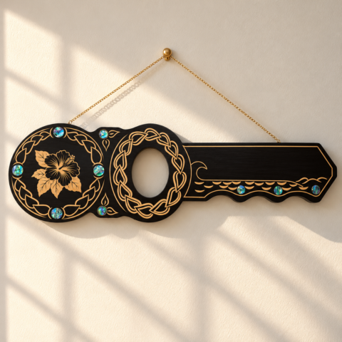 Hibiscus Flower Design Key with Round Paua Shell Inlays – 21st key with paua shell